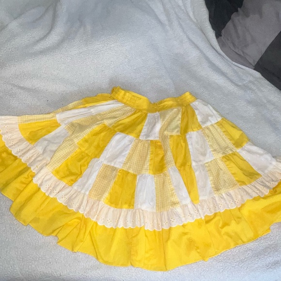 YELLOW SUNNY PLAID LONG DANCE SKIRT SQUARE SWING DANCE TIE AROUND FLOWING - Picture 5 of 5